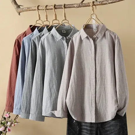 2023秋装百搭文艺纯棉柔软女士衬衣条纹双层棉纱长袖衬衫女宽松商品大图