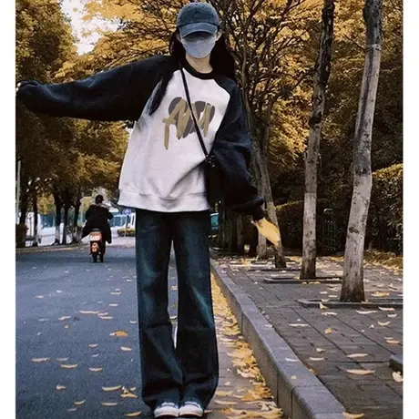 美式复古插肩袖卫衣女春秋薄款宽松潮牌设计感小众上衣慵懒风外套商品大图