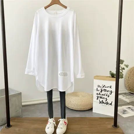 长袖t恤女秋冬内搭白色打底衫韩版慵懒风宽松百搭纯色中长款上衣商品大图