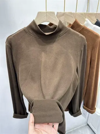 欧货2023冬纯色双面德绒发热长袖半高领打底衫女磨毛加厚保暖内搭商品大图