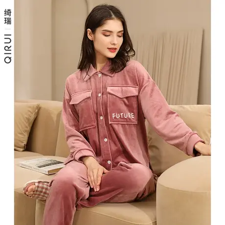 绮瑞秋冬女士海岛绒加绒家居服冬季加厚珊瑚绒睡衣法兰绒套装大码商品大图