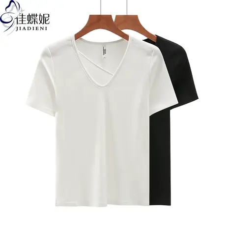 夏季新款韩版V领修身显瘦纯棉纯色简约短袖体恤上衣内搭女打底衫商品大图
