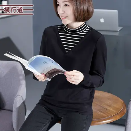假两件条纹半高领打底宽松中年妈妈长袖t恤女装2024新款春装上衣商品大图