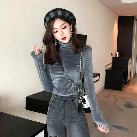 新款高领金丝绒春秋冬季女加绒加厚打底衫内搭长袖t恤保暖上衣服图片