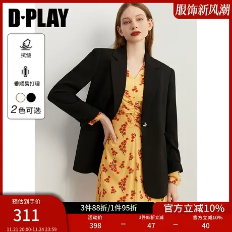DPLAY秋装新通勤OL经典黑翻驳领异形金属扣堆堆袖西装外套商品大图