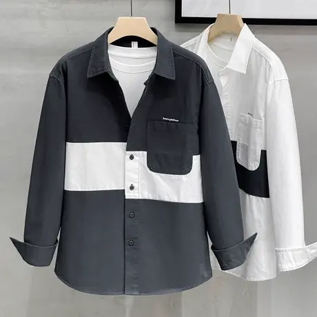 拼接撞色长袖衬衫男春季2023新款男装潮流日系宽松男士衬衣外套商品大图