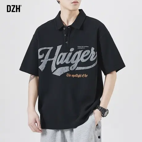 男士黑色休闲polo衫男短袖潮牌潮流翻领t恤华夫格宽松上衣情侣装商品大图