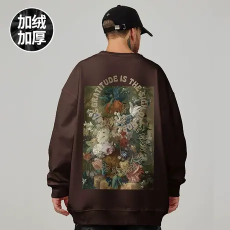 美式复古重磅卫衣大码春秋冬款圆领加绒胖子宽松胖男生国潮牌无帽图片