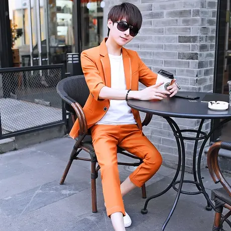 夏季男士修身中袖小西装韩版潮流青年休闲帅气七分袖西服套装男商品大图