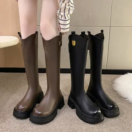 长筒靴女2023年春秋季新款小个子法式时尚单靴粗跟高跟厚底骑士靴图片