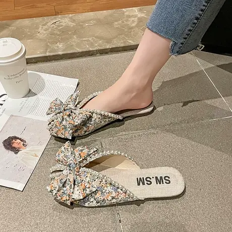 包头半拖鞋女外穿2023新款夏季懒人穆勒鞋鱼嘴碎花平底小香风凉拖图片