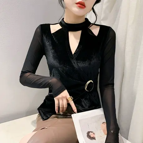 不规则丝绒网纱拼接T恤女长袖性感镂空挂脖上衣洋气修身打底衫ins商品大图