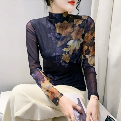 设计感半高领长袖网纱印花时尚气质减龄上衣女内塔修身T恤打底衫图片