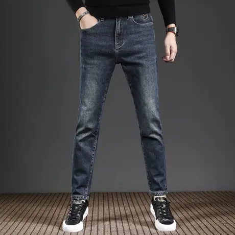 牛仔裤男秋冬款修身小脚2023新款深蓝色十分裤休闲弹力男士裤子商品大图