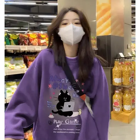 美式复古无帽圆领卫衣女2025新款春秋季小个子宽松韩系慵懒风上衣商品大图