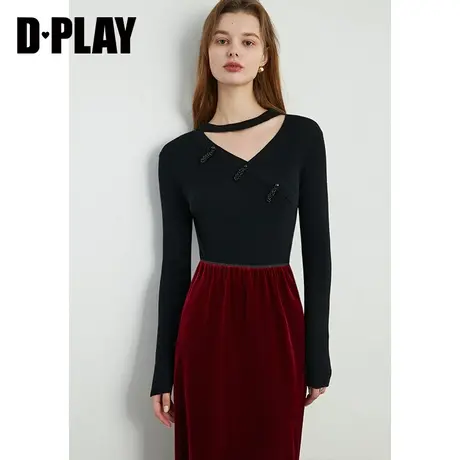 DPLAY春新中式盘扣挂脖V领含羊毛经典黑国风内搭针织打底衫商品大图