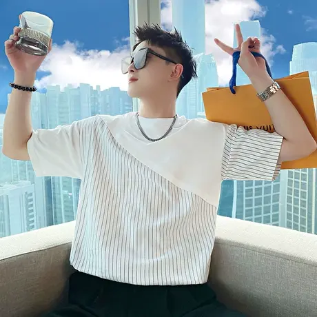 短袖t恤男2023夏季新款条纹拼接设计感潮流休闲宽松个性半袖上衣图片