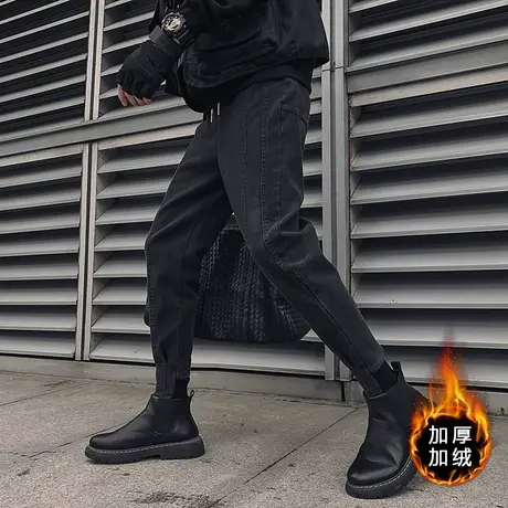 冬季加绒休闲牛仔裤男拼接潮流痞帅百搭网红潮牌个性ins小脚裤商品大图