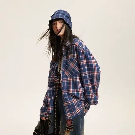 潮牌拼色复古格子衬衫女春秋款2024新款格纹上衣宽松oversize衬衣商品大图