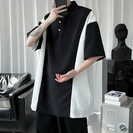 2023年夏季薄款透气黑白拼接短袖POLO衫男ins潮流翻领休闲半袖T恤商品大图