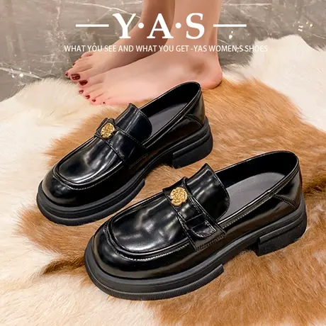 法式百搭粗跟复古英伦风黑色厚底小皮鞋女2024春季新款金币乐福鞋商品大图