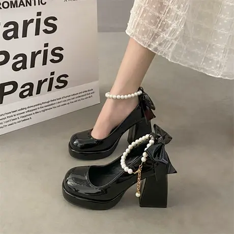 法式粗跟玛丽珍鞋女2024年新款一字扣珍珠浅口单鞋时尚百搭高跟鞋图片