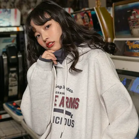 【清仓直降】美式复古连帽假两件加绒卫衣女秋冬小个子加厚上衣图片