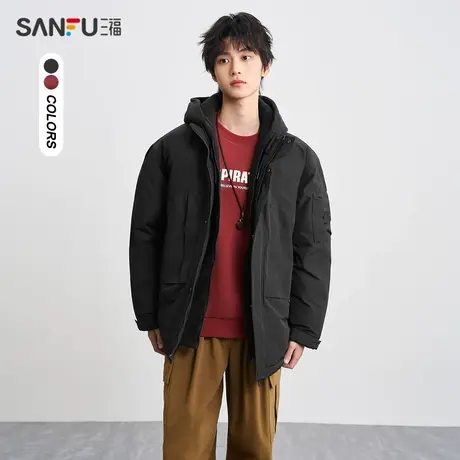 三福2023冬季男士机能拼接撞色口袋长棉衣 针织帽外套男479530商品大图