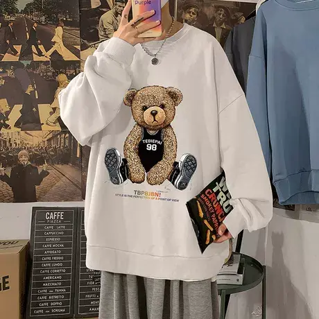 港风小熊圆领卫衣男秋冬季情侣装美式宽松无帽外套ins潮牌打底衫商品大图