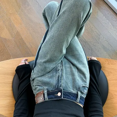 撞色直筒阔腿牛仔裤女春秋新款高腰宽松显瘦设计感窄版阔腿拖地裤图片