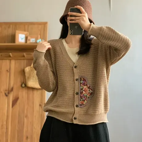 dza 复古宽松V领棉线针织开衫女士春季外搭毛衣外套文艺休闲上衣图片