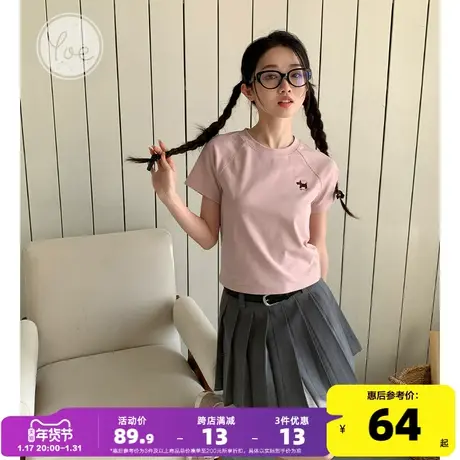 yoe多巴胺短袖t恤女上衣粉色夏季新款小个子短款修身刺绣小狗内搭商品大图