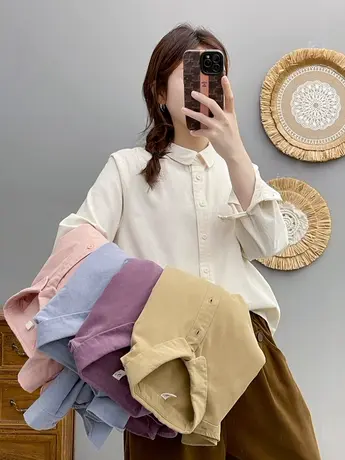 春秋新款韩版简约百搭长袖纯棉白色衬衫女学生基础款宽松打底衬衣图片