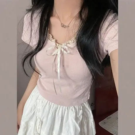 甜飒风短袖T恤女夏装2024新款韩版修身显瘦打底衫内搭短款上衣潮图片