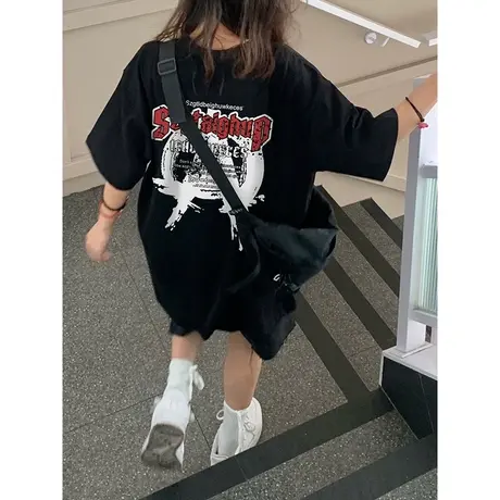 纯棉美式复古重磅短袖t恤女2023春夏新款宽松设计感潮牌大码上衣商品大图