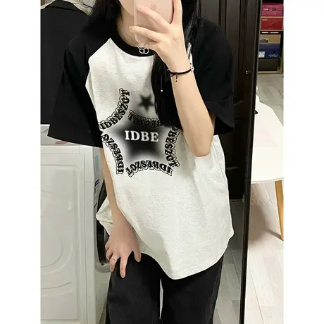 撞色纯棉插肩袖短袖t恤女夏季小个子美式复古宽松上衣oversize潮商品大图