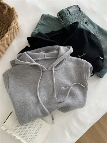 简约韩版灰色刺绣连帽针织衫女宽松休闲时髦百搭春季新款套头毛衣商品大图