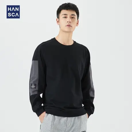 汉斯卡2022春秋款圆领卫衣男宽松刺绣印花加绒无帽套头运动上衣男商品大图