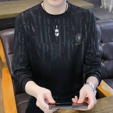 长袖T恤男2023秋季新款秋衣打底衫潮流时尚暗纹休闲百搭圆领卫衣商品大图