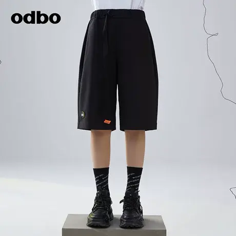 odbo/欧迪比欧工装风束腰黑色休闲裤女春季新款百搭显瘦五分裤子商品大图
