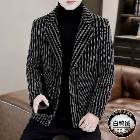 羽绒服男冬季加绒加厚西装领短款风衣潮流高端貂绒夹克毛呢子外套商品大图