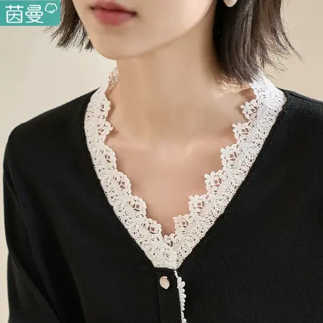 茵曼旗舰店2024春女装新款温柔撞色蕾丝V领开衫套头长袖针织衫图片