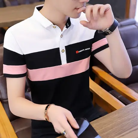 冰丝棉感短袖t恤男士夏季潮流翻领体恤带领POLO衫半袖夏装上衣服商品大图