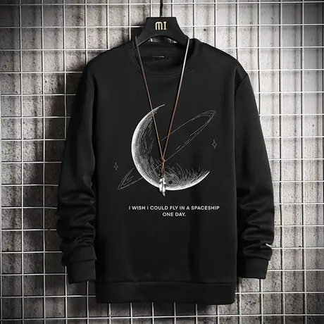 长袖T恤男春秋季潮牌印花上衣服黑色打底衫宽松青少年圆领卫衣男商品大图