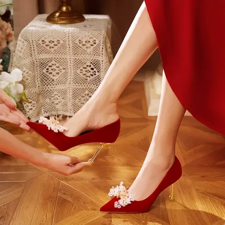 爱丽拉红色秀禾服结婚鞋子女2022年新款中式新娘高跟鞋小众高级感商品大图