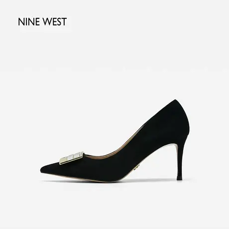 Nine West/玖熙格高跟鞋栅钻扣羊反绒单鞋2023秋新款职场通勤黑色商品大图