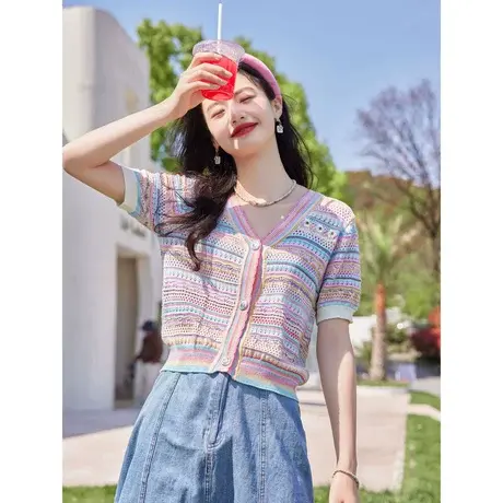 时尚气质条纹短袖针织衫2023年夏季新款淑女温柔显瘦通勤百搭上衣商品大图