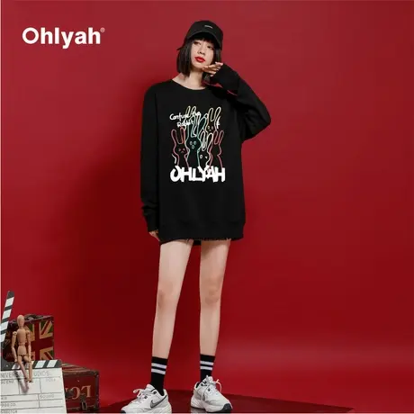 Ohlyah黑色卡通卫衣女秋冬2023新款圆领韩系慵懒中长款遮屁股上衣商品大图