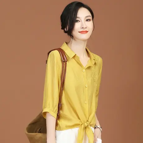 韩潮袭人刺绣绑带雪纺五分袖衬衣2023夏装新款衬衫女设计感小众薄商品大图