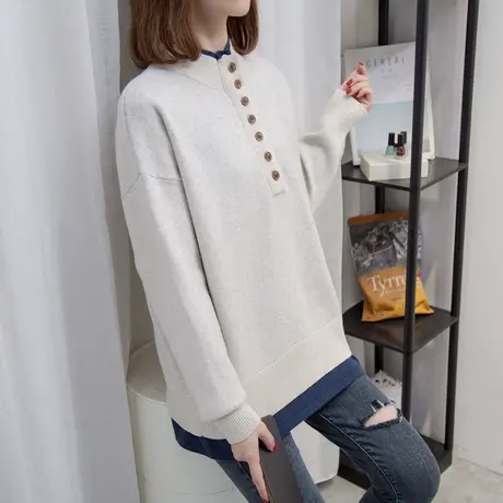 半高领毛衣女假两件打底衫2023秋冬新款宽松慵懒风针织衫内搭上衣图片